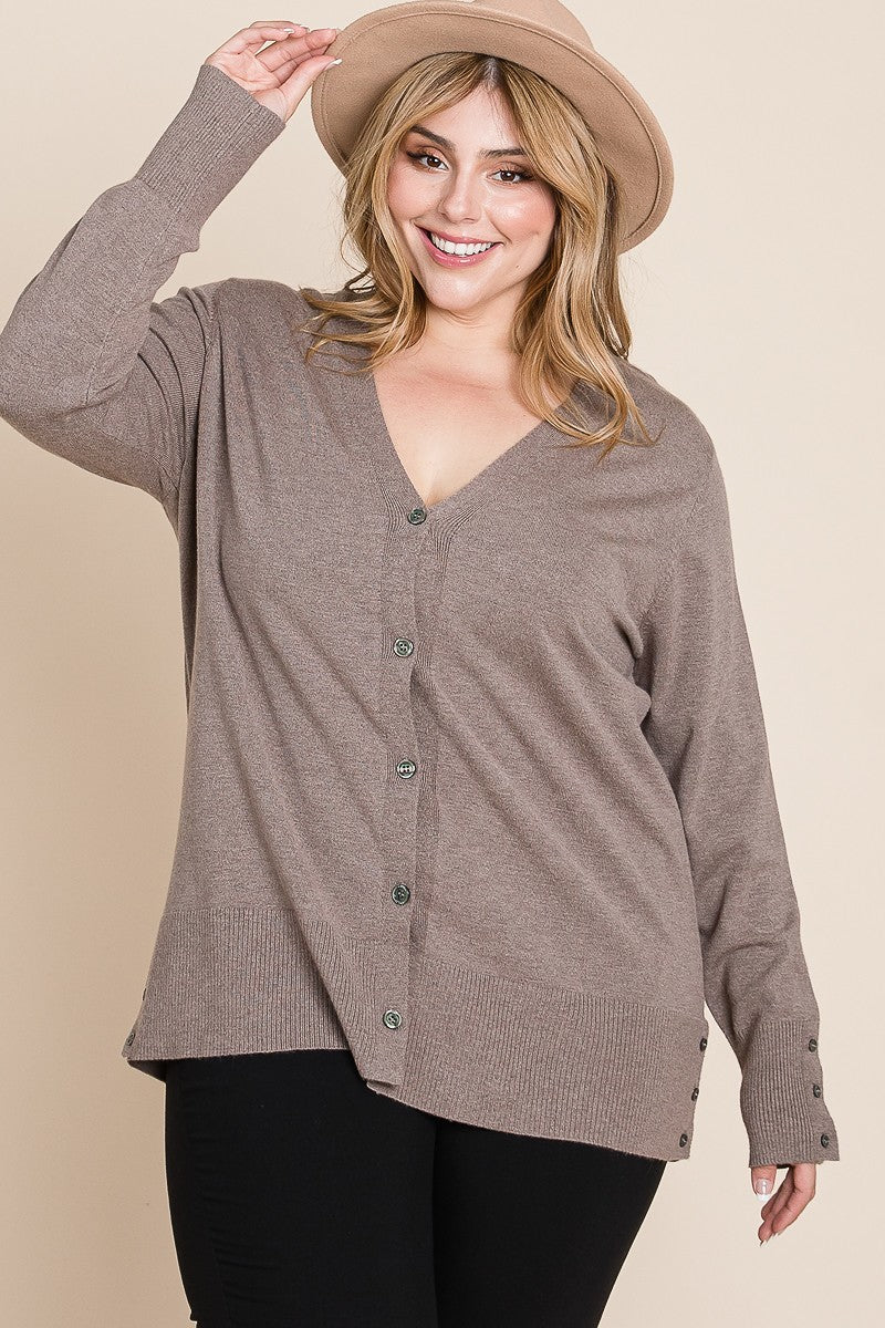 Plus Size Solid Buttery Soft V Neck Button Up High Quality Two Tone Knit Cardigan Look Up Deals