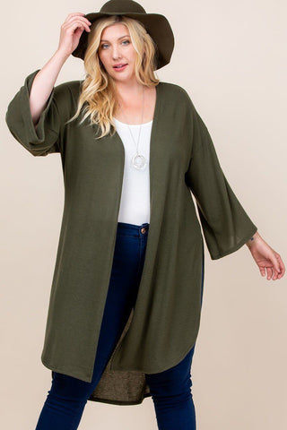 Plus Size Solid Hacci Brush Open Front Long Cardigan With Bell Sleeves Look Up Deals