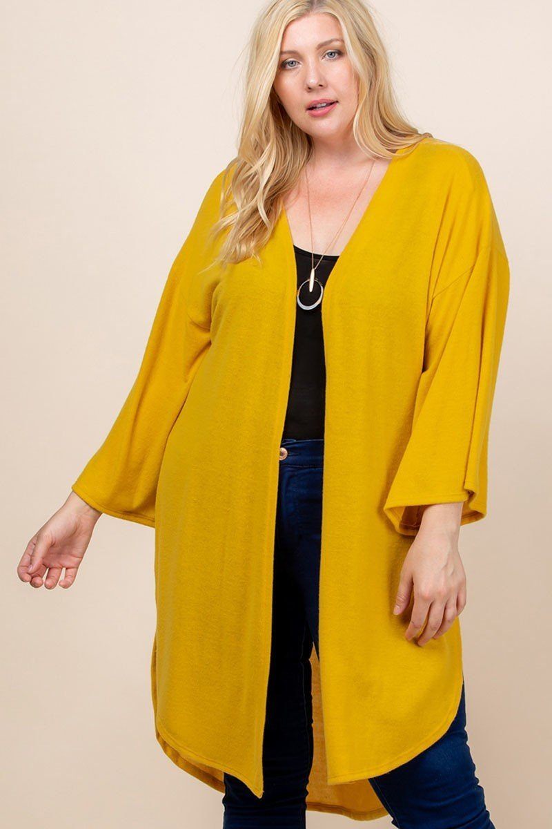 Plus Size Solid Hacci Brush Open Front Long Cardigan With Bell Sleeves Look Up Deals