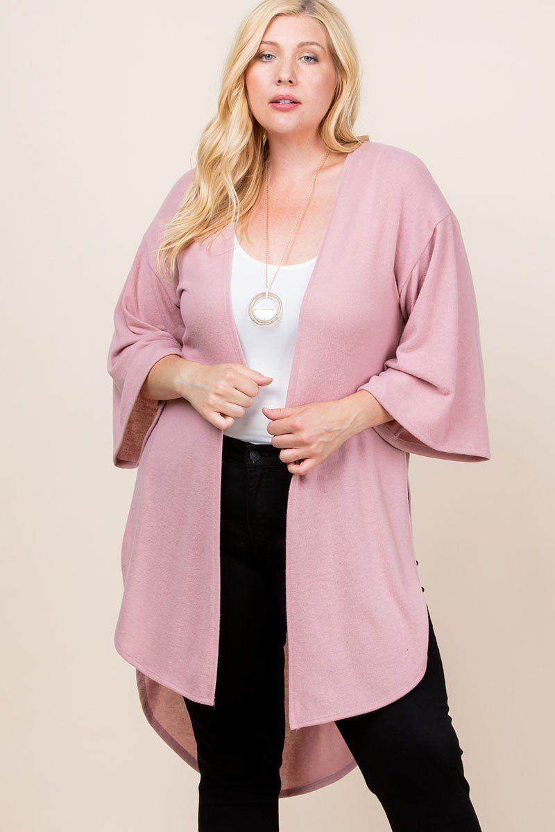 Plus Size Solid Hacci Brush Open Front Long Cardigan With Bell Sleeves Look Up Deals