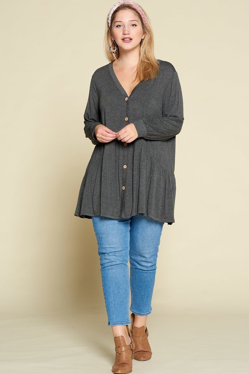 Plus Size Solid Heavy Rayon Modal Jersey Faux Button Up Look Up Deals