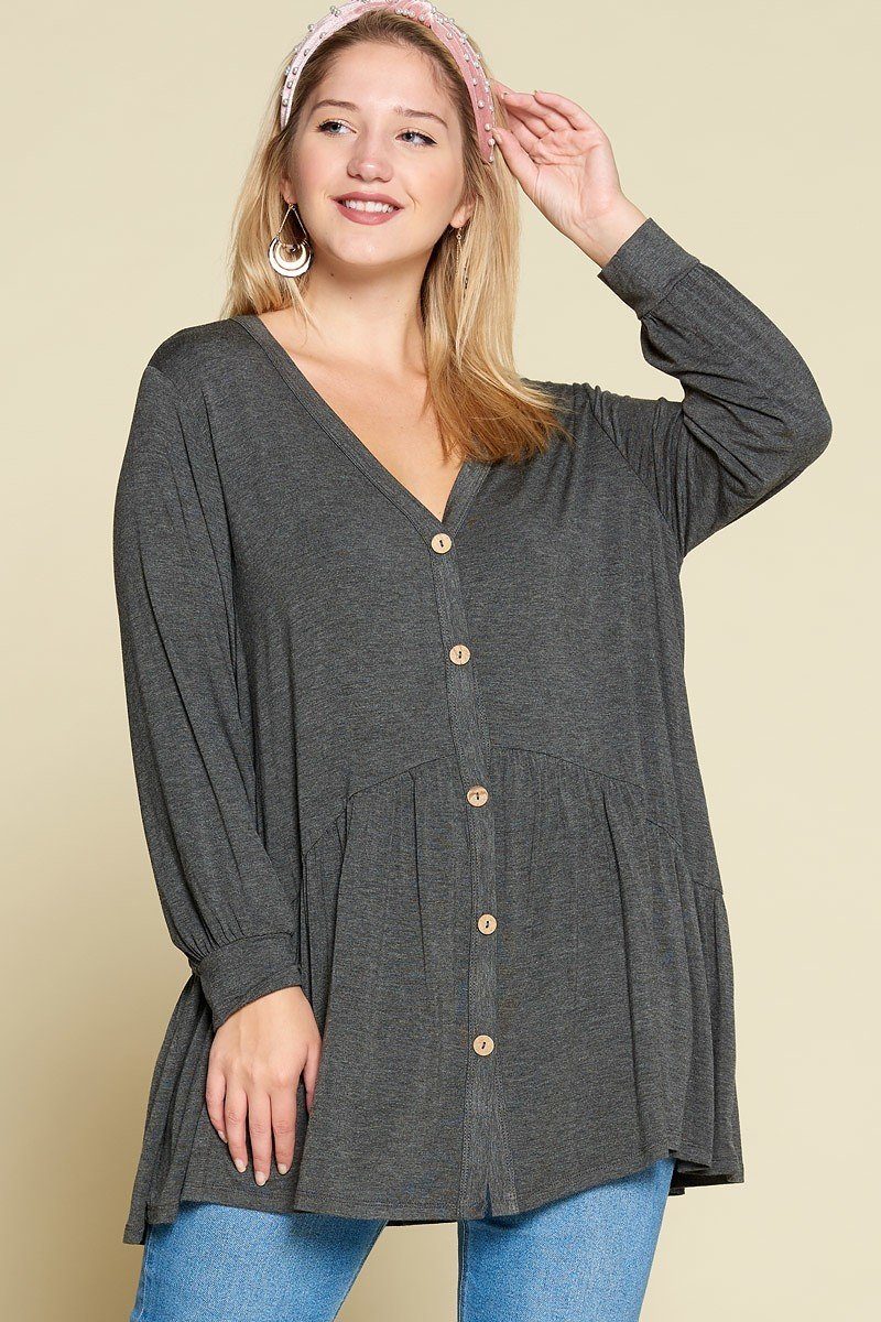 Plus Size Solid Heavy Rayon Modal Jersey Faux Button Up Look Up Deals