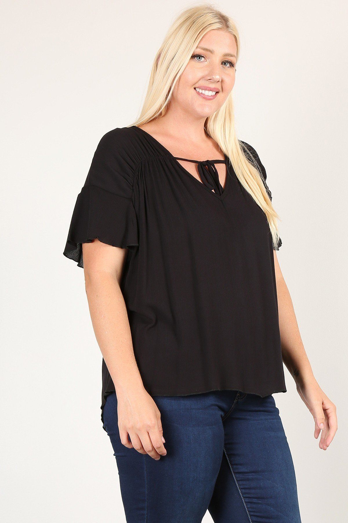 Plus Size Solid Top With A Necktie, Pleated Detail, And Flutter Sleeves Look Up Deals