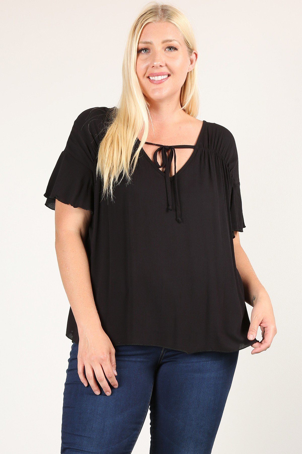 Plus Size Solid Top With A Necktie, Pleated Detail, And Flutter Sleeves Look Up Deals