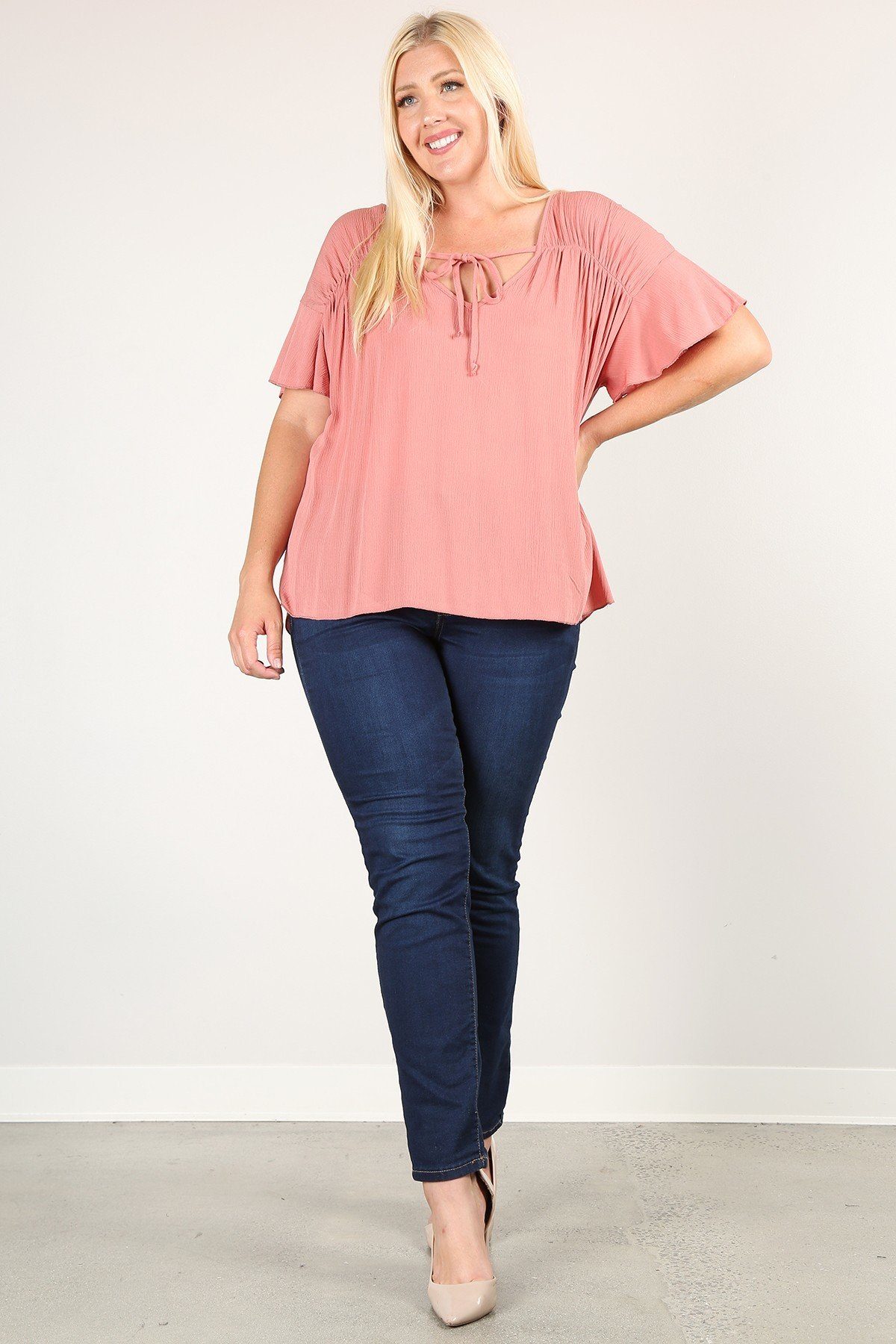 Plus Size Solid Top With A Necktie, Pleated Detail, And Flutter Sleeves Look Up Deals