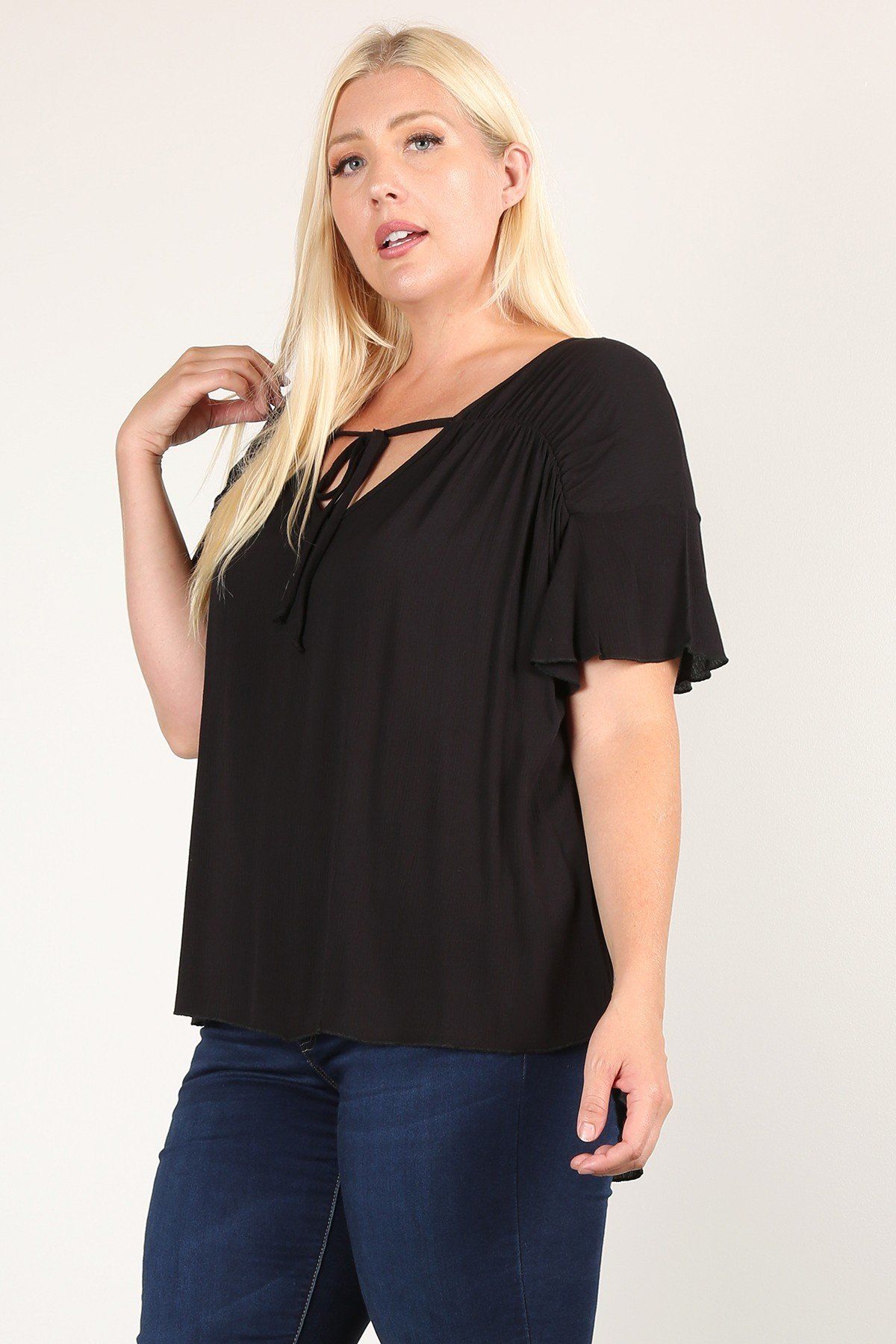 Plus Size Solid Top With A Necktie, Pleated Detail, And Flutter Sleeves Look Up Deals