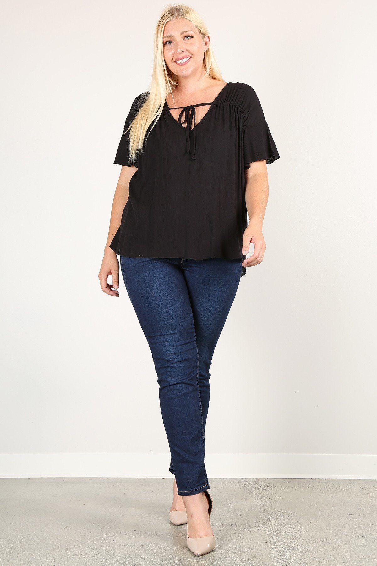 Plus Size Solid Top With A Necktie, Pleated Detail, And Flutter Sleeves Look Up Deals