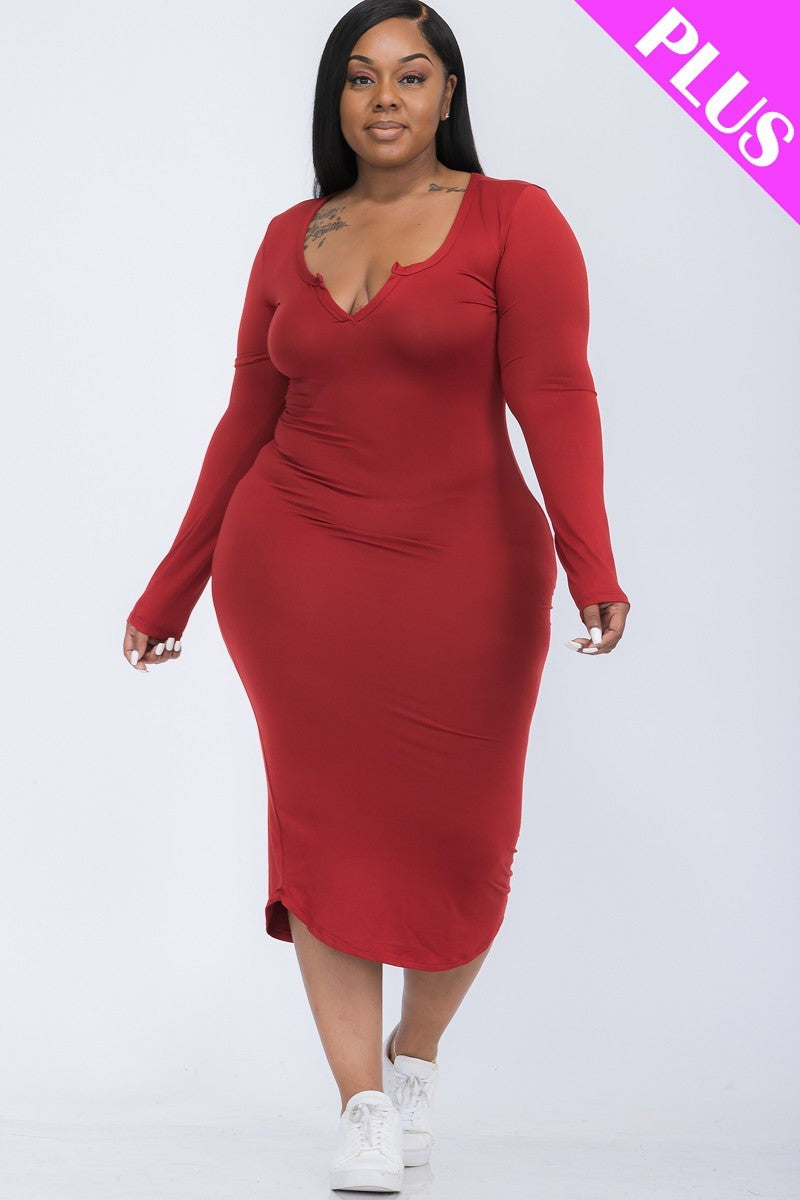 Plus Size Split Neck Long Sleeve Midi Dress Look Up Deals