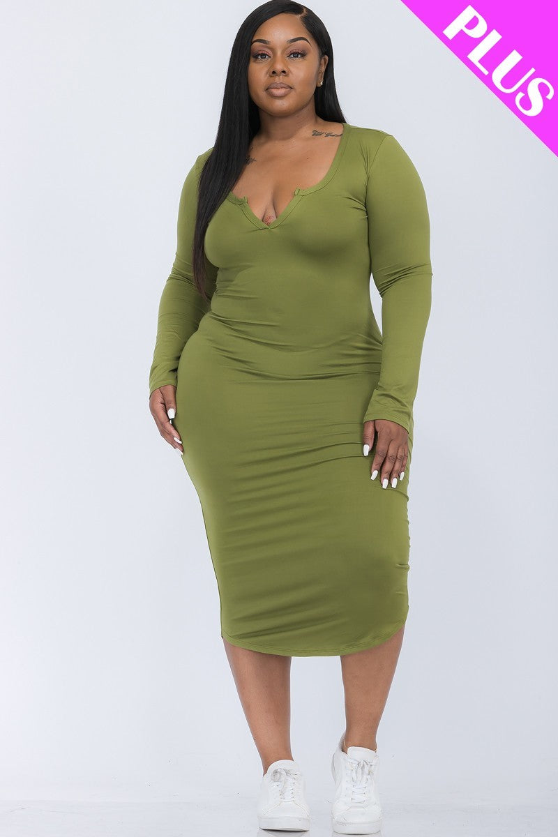 Plus Size Split Neck Long Sleeve Midi Dress Look Up Deals