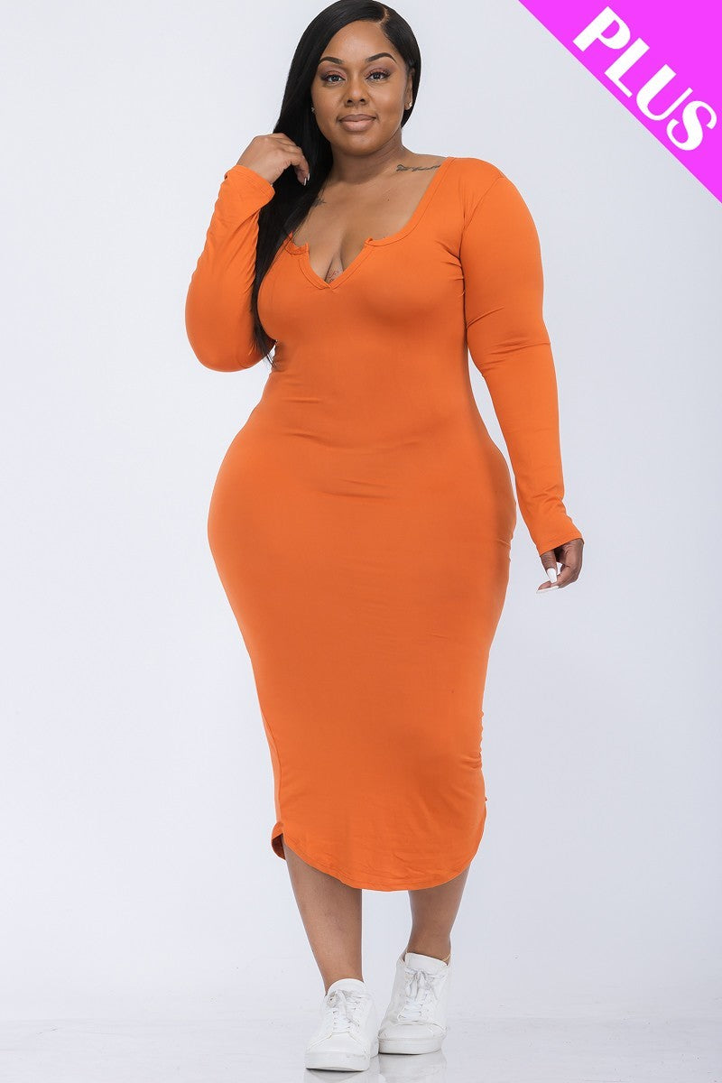 Plus Size Split Neck Long Sleeve Midi Dress Look Up Deals