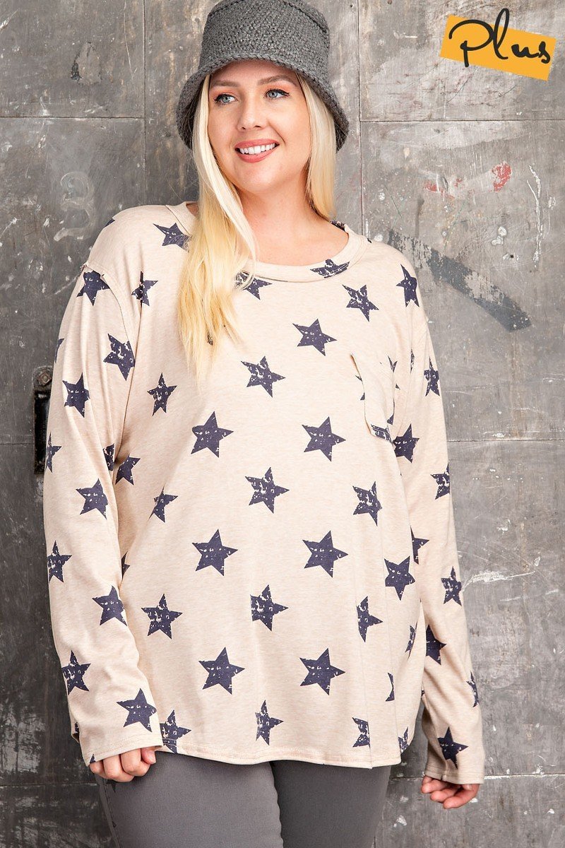 Plus Size Star Printed Poly Rayon Loose Fit Top Look Up Deals