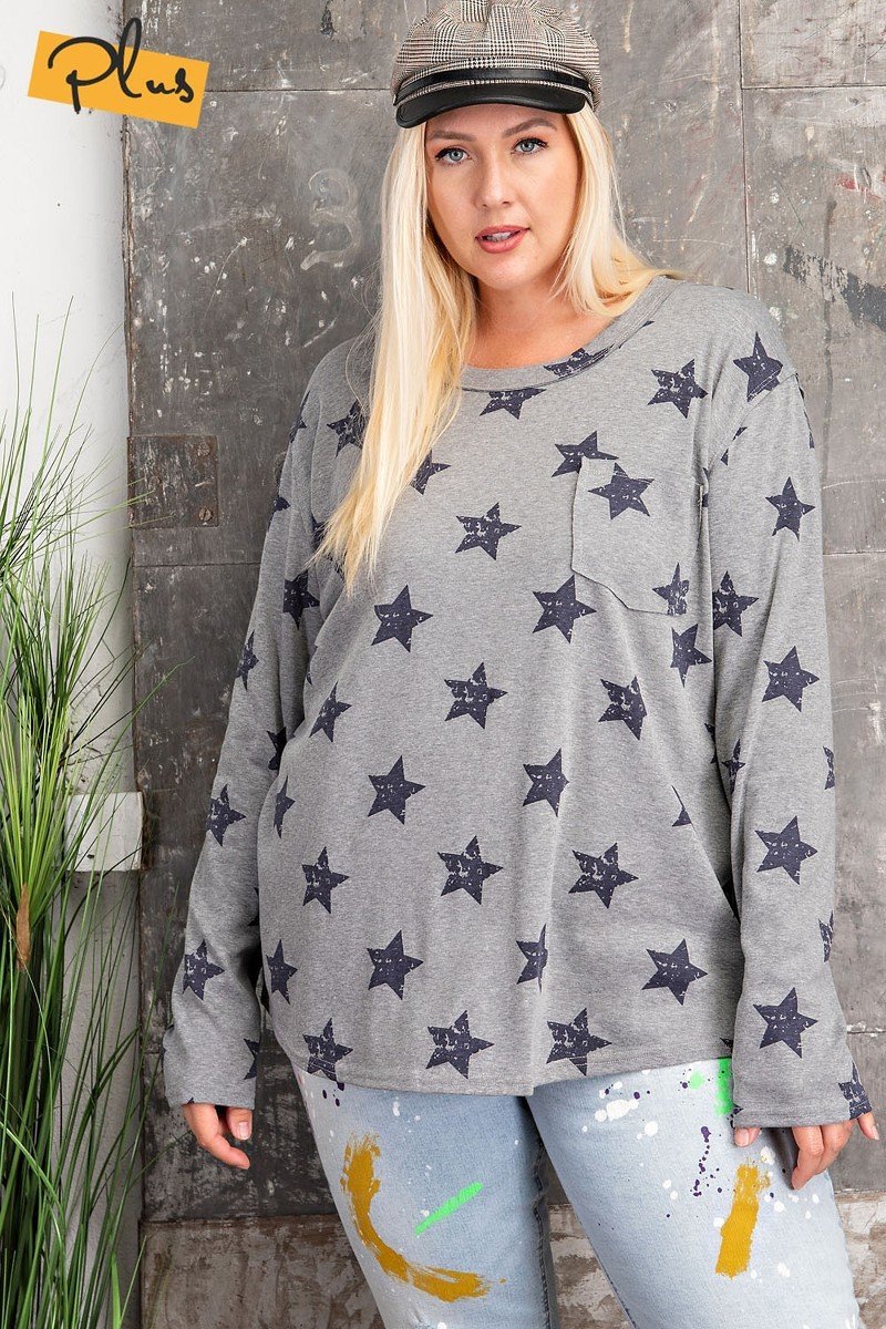 Plus Size Star Printed Poly Rayon Loose Fit Top Look Up Deals