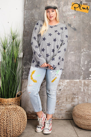 Plus Size Star Printed Poly Rayon Loose Fit Top Look Up Deals