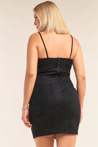 Plus Size Suede Sleeveless Fitted Square Neck Mini Dress Look Up Deals