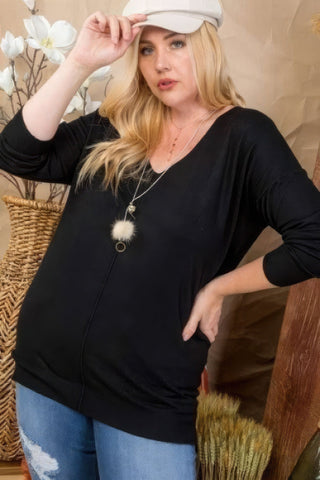 Plus Size V Neck 3/4 Sleeve Side Slit Hi-lo Sweater Look Up Deals