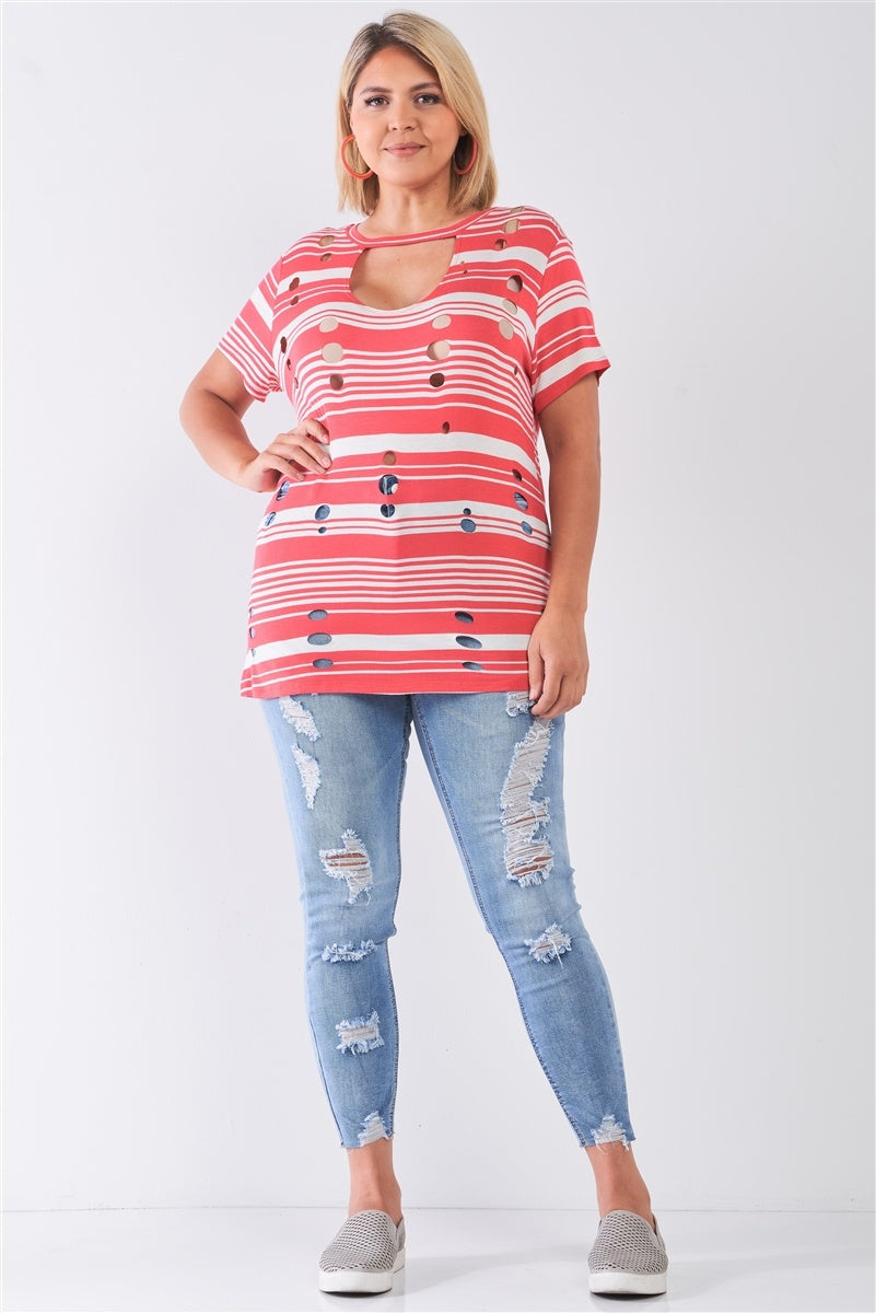 Plus Striped And Distressed Cut-out Top Look Up Deals