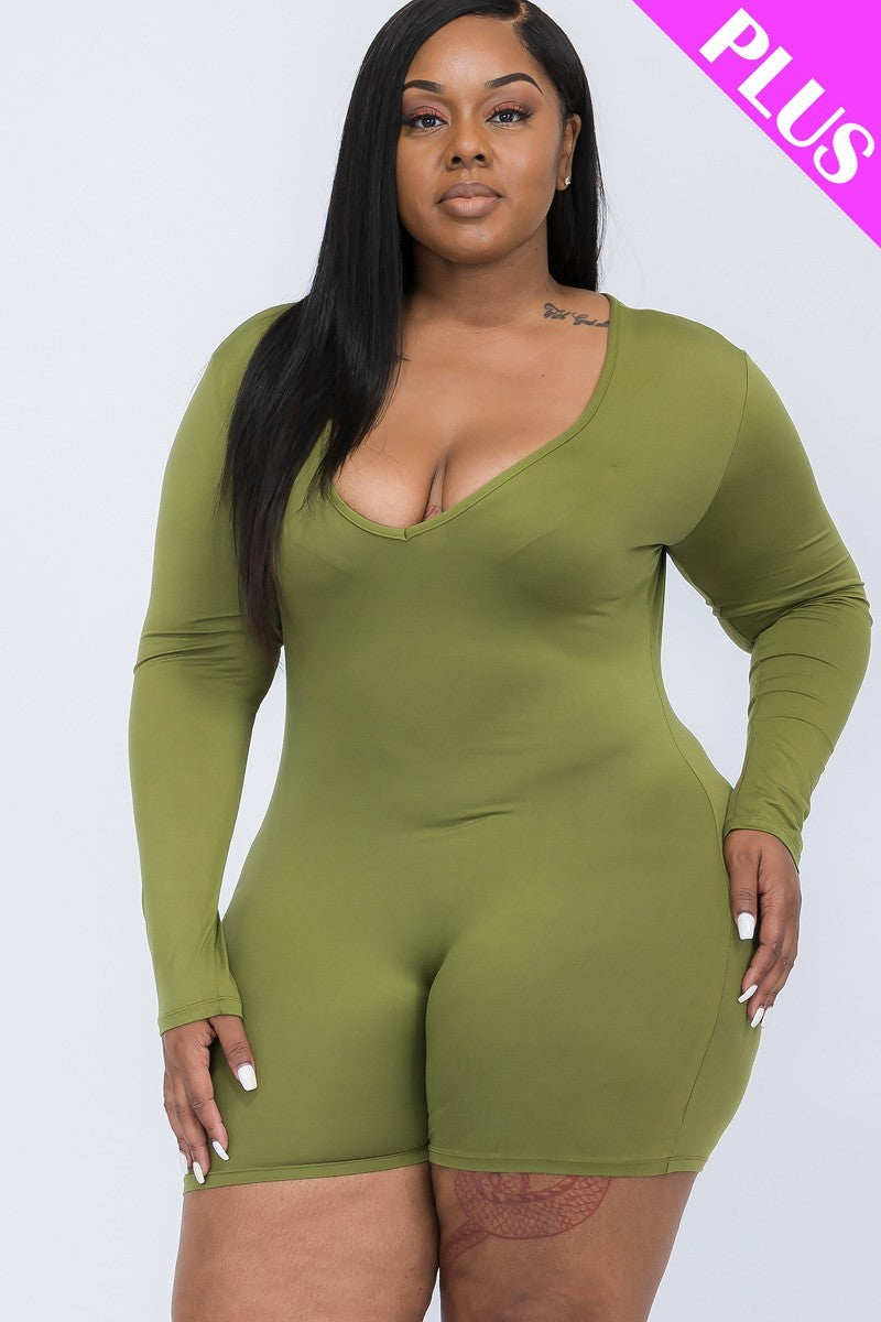 Plus V-neck Long Sleeve Bodycon Romper Look Up Deals