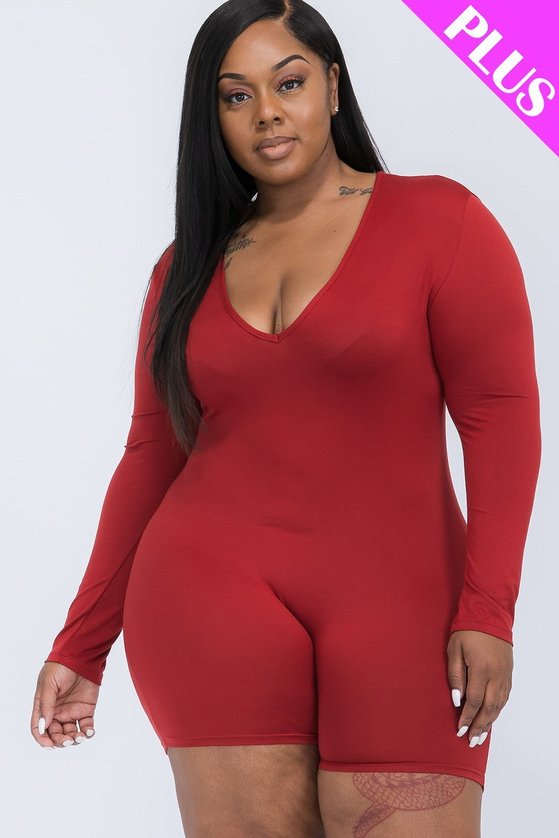 Plus V-neck Long Sleeve Bodycon Romper Look Up Deals