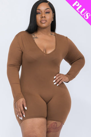 Plus V-neck Long Sleeve Bodycon Romper Look Up Deals