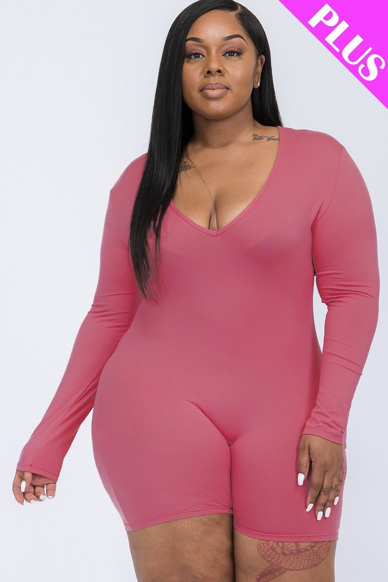 Plus V-neck Long Sleeve Bodycon Romper Look Up Deals