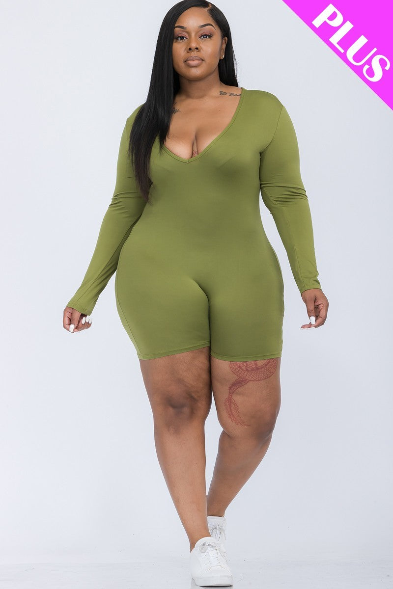 Plus V-neck Long Sleeve Bodycon Romper Look Up Deals