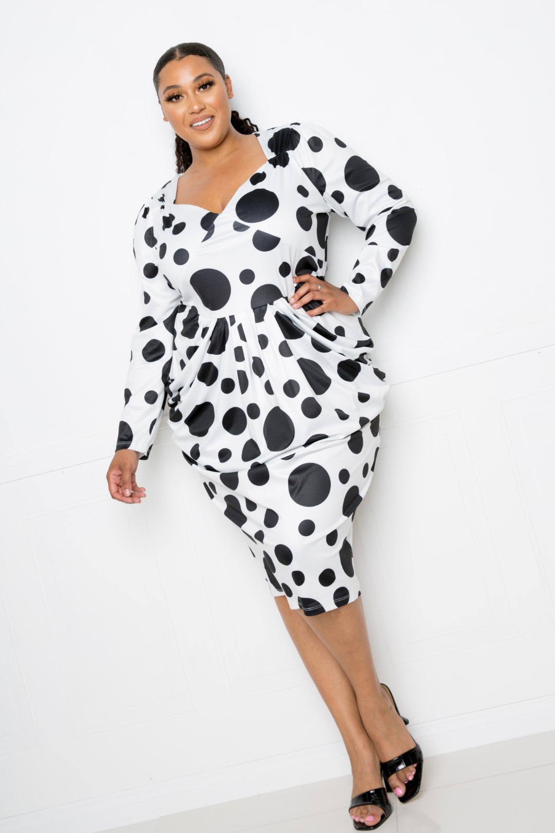 Polka Dot Drop Waist Ruched Midi Dress Look Up Deals