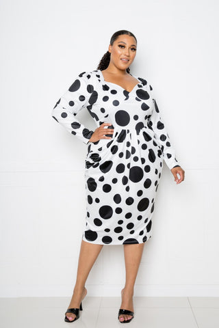 Polka Dot Drop Waist Ruched Midi Dress Look Up Deals