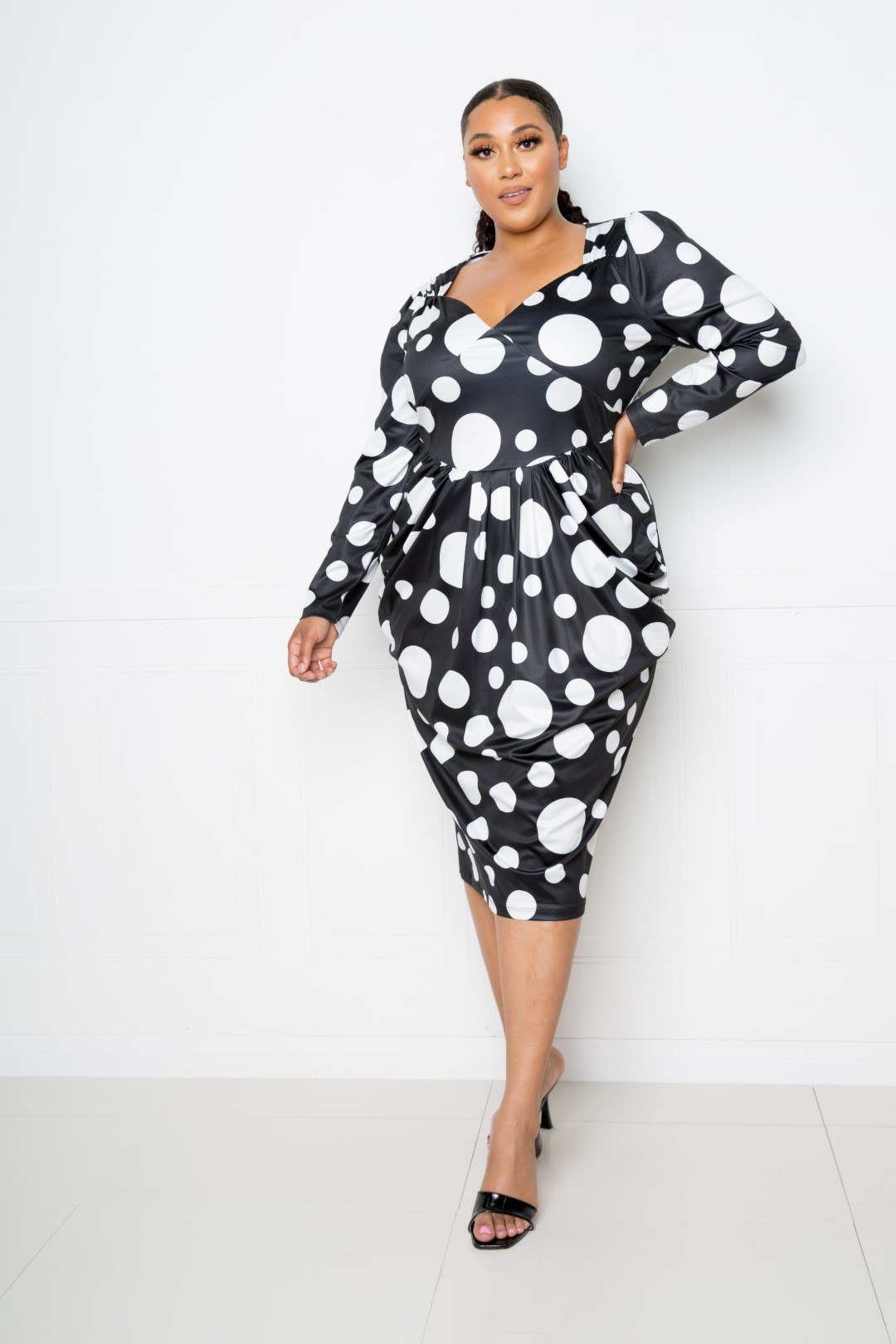 Polka Dot Drop Waist Ruched Midi Dress Look Up Deals