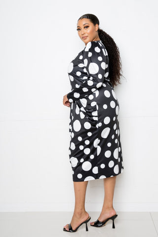 Polka Dot Drop Waist Ruched Midi Dress Look Up Deals