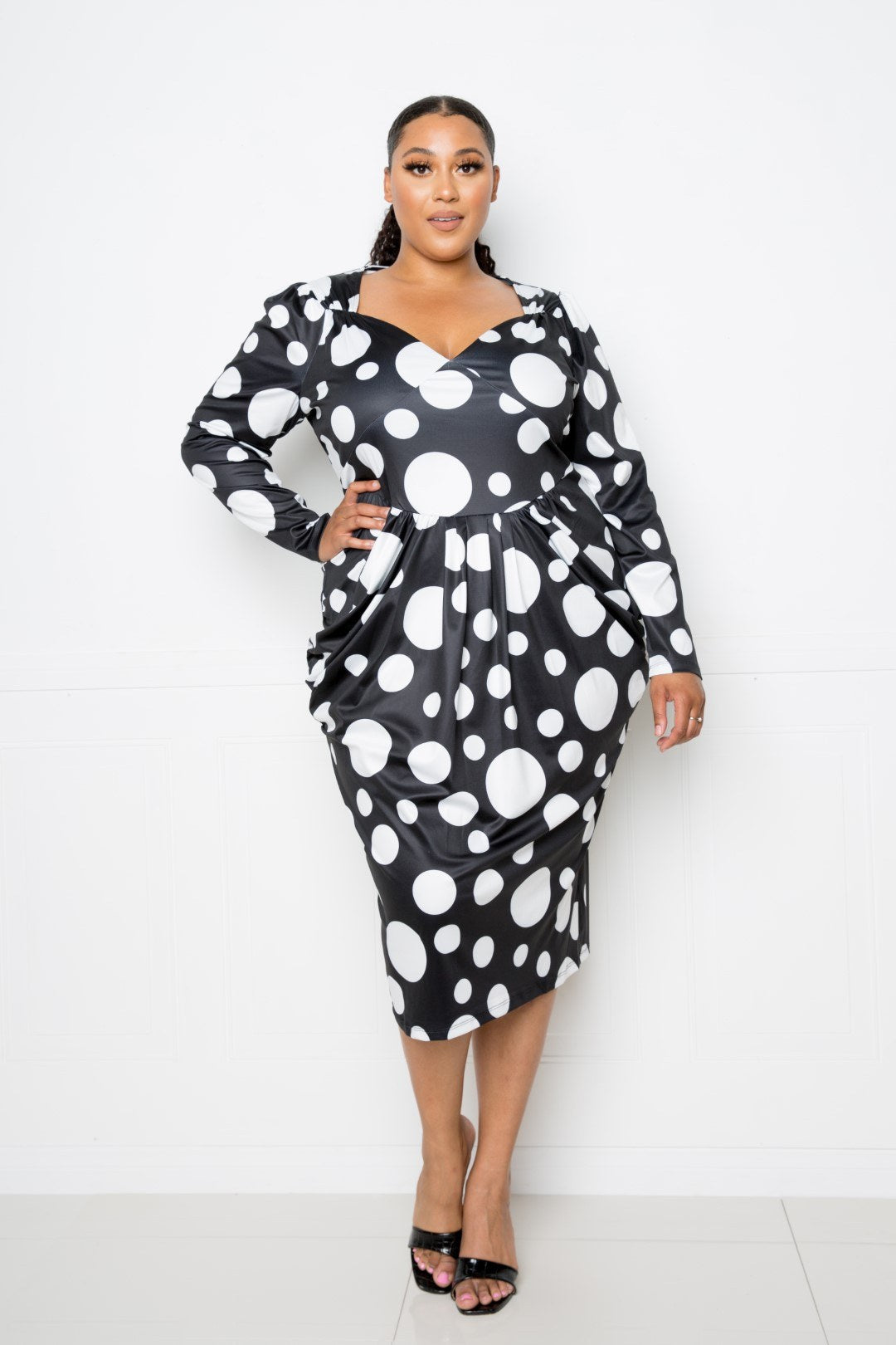 Polka Dot Drop Waist Ruched Midi Dress Look Up Deals