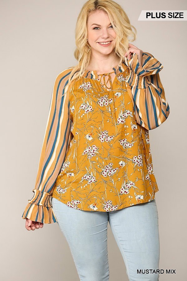 Print Mixed Peasant Smocked Top Look Up Deals