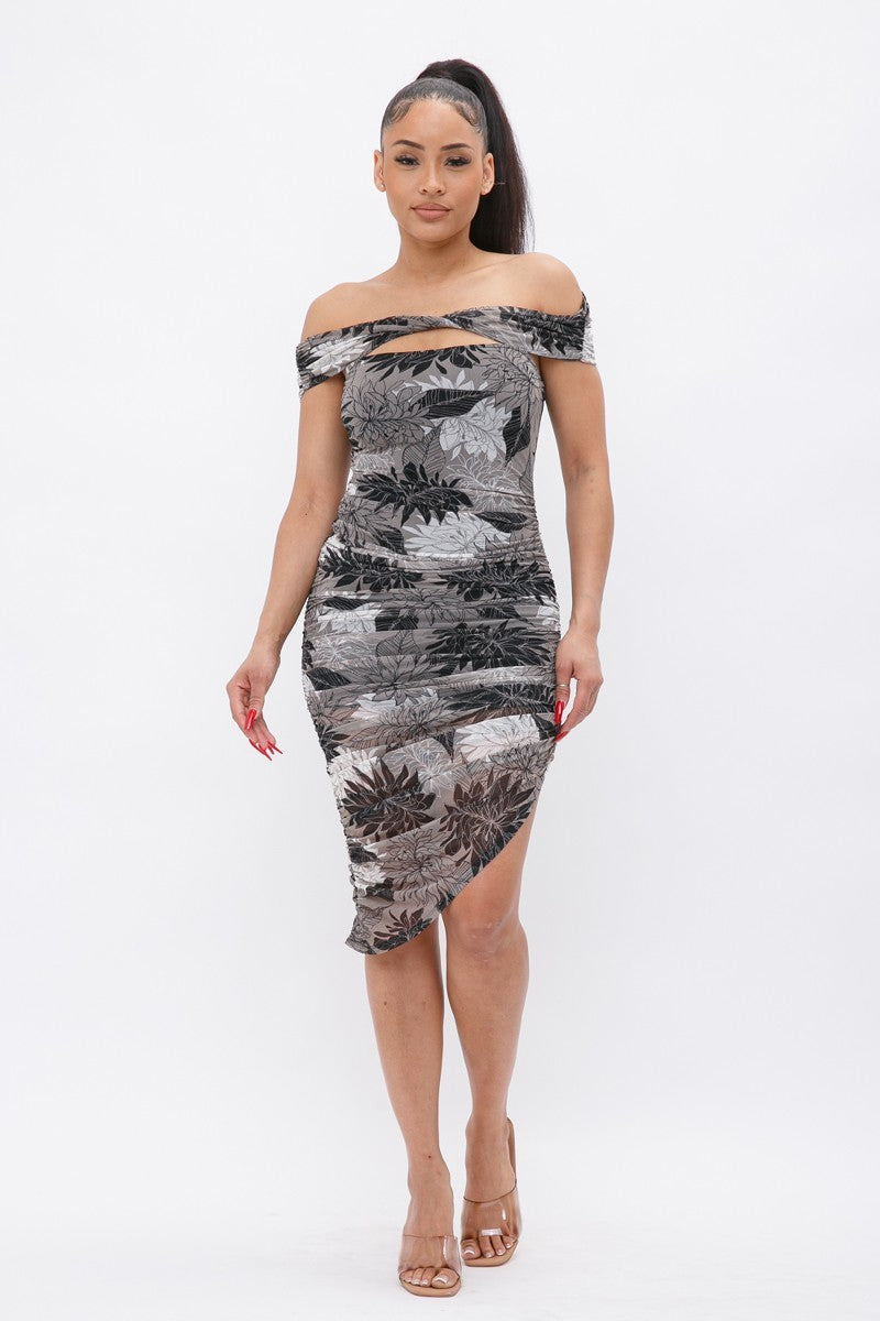 Printed Mesh Off Shoulder Dress Look Up Deals