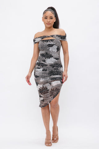 Printed Mesh Off Shoulder Dress Look Up Deals