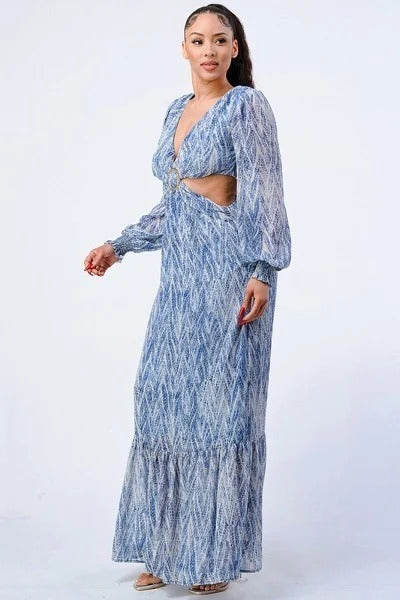 Printed V Neck Self Belted Side Cut Out Ruffled Maxi Dress Look Up Deals