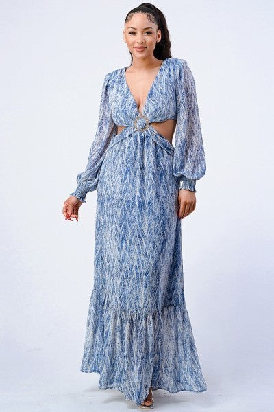 Printed V Neck Self Belted Side Cut Out Ruffled Maxi Dress Look Up Deals