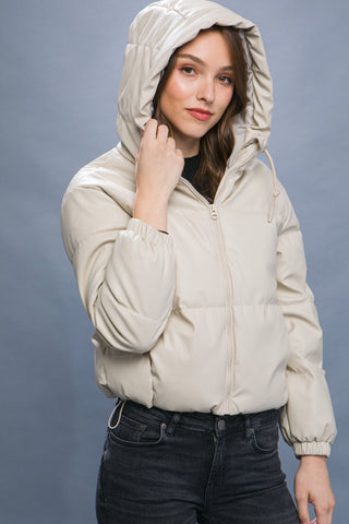 Pu Faux Leather Zipper Hooded Puffer Jacket Look Up Deals