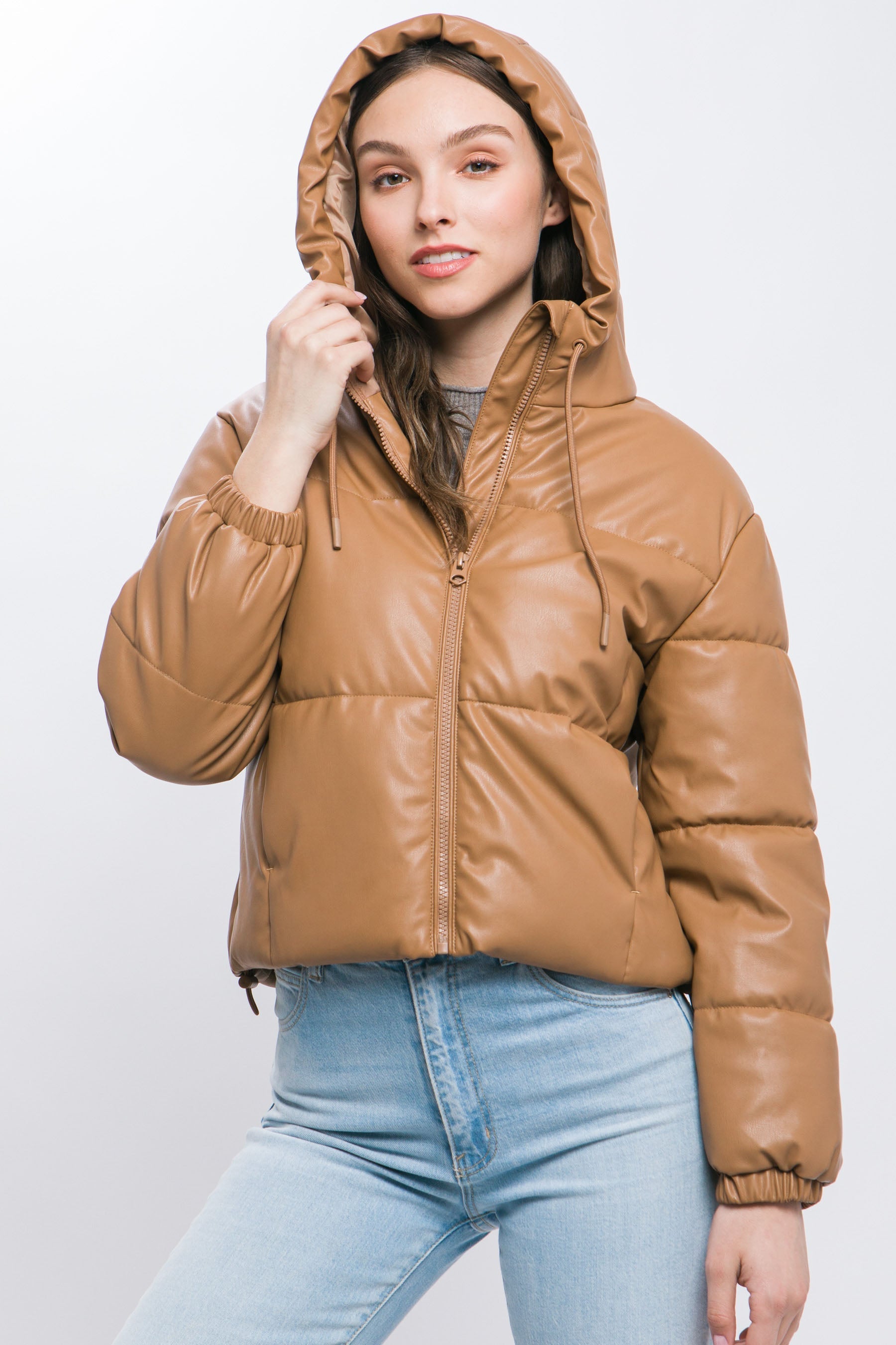 Pu Faux Leather Zipper Hooded Puffer Jacket Look Up Deals