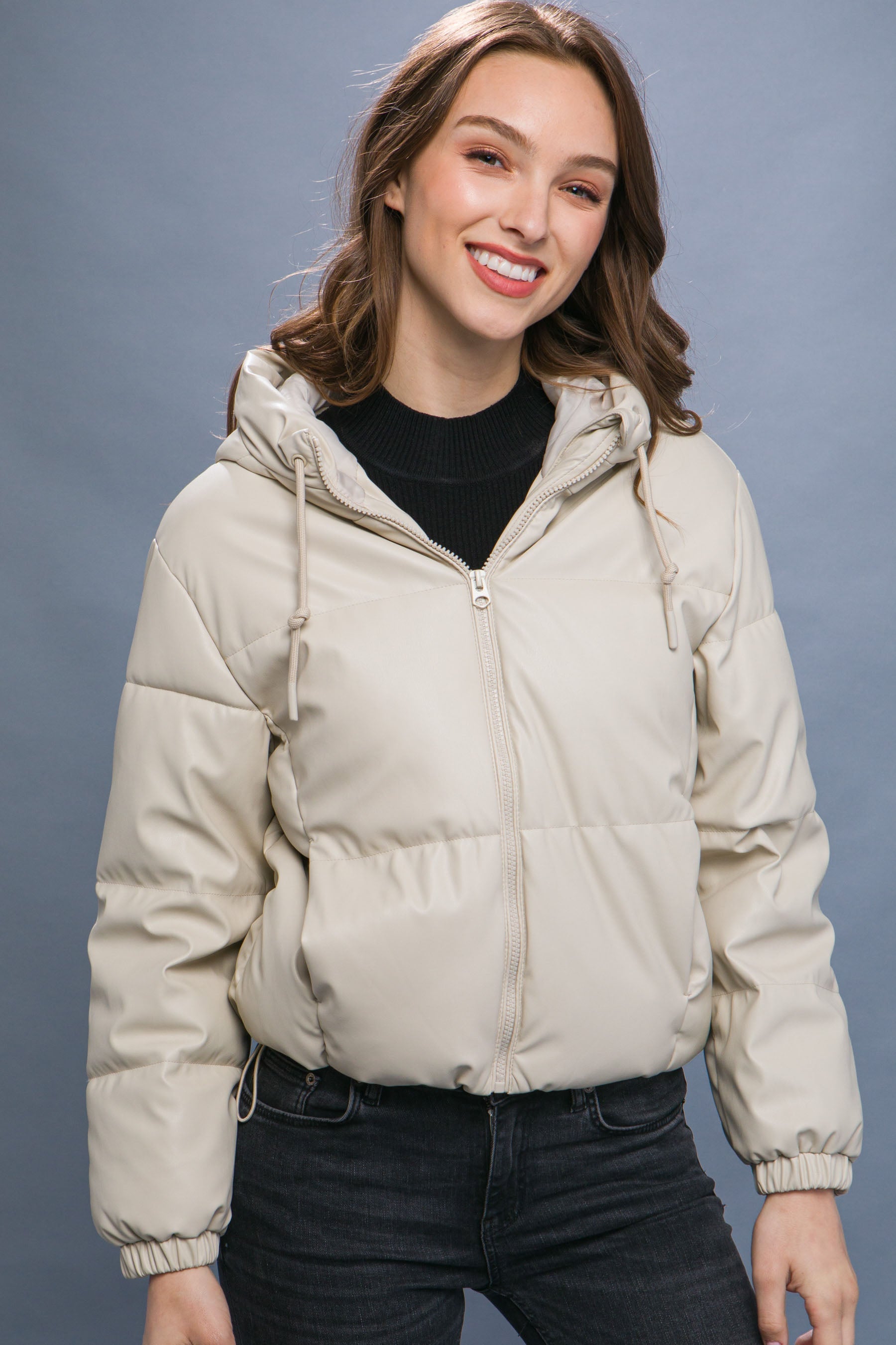 Pu Faux Leather Zipper Hooded Puffer Jacket Look Up Deals