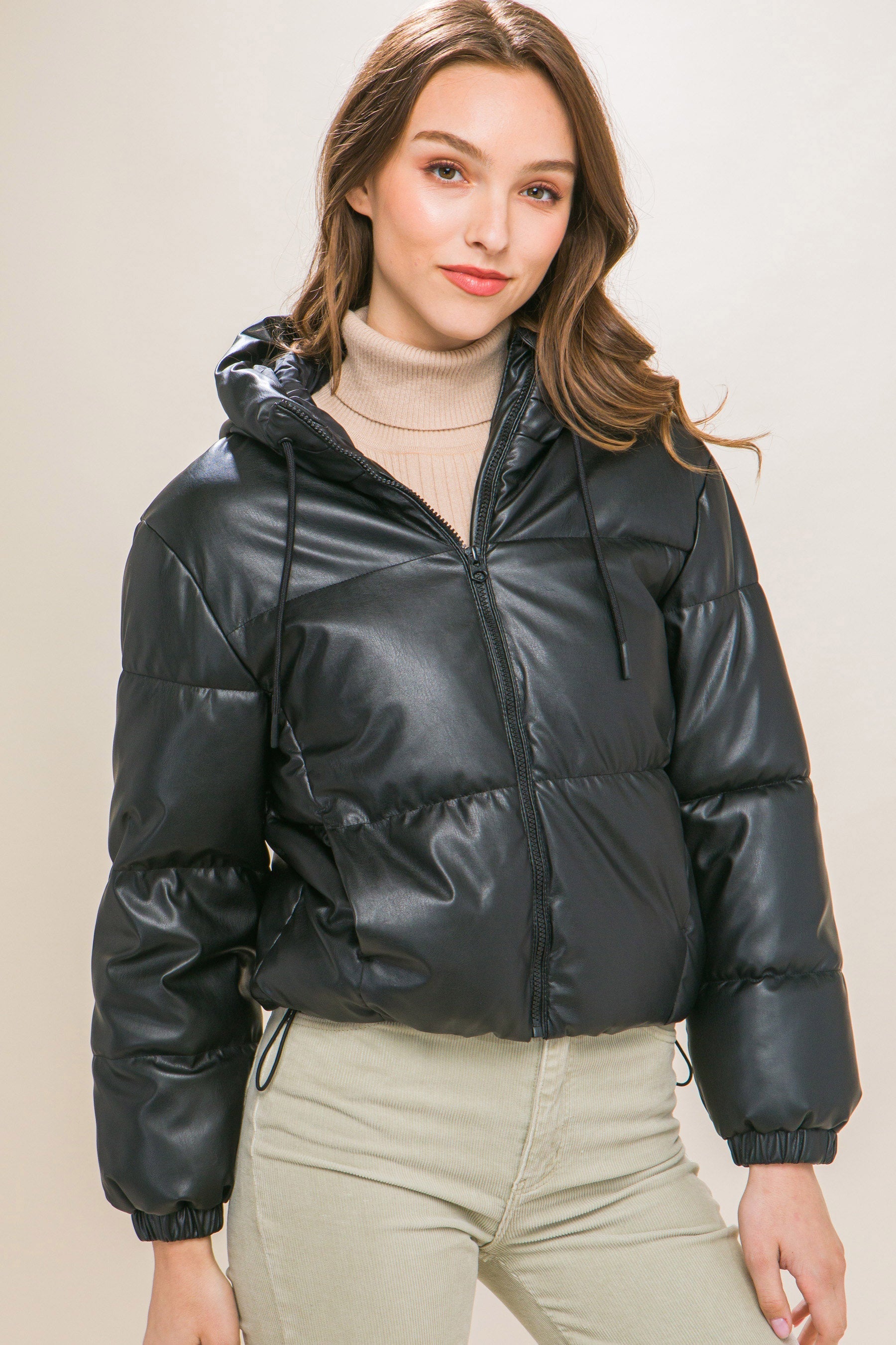 Pu Faux Leather Zipper Hooded Puffer Jacket Look Up Deals