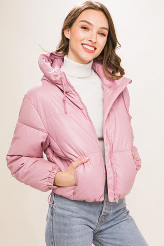 Pu Faux Leather Zipper Hooded Puffer Jacket Look Up Deals