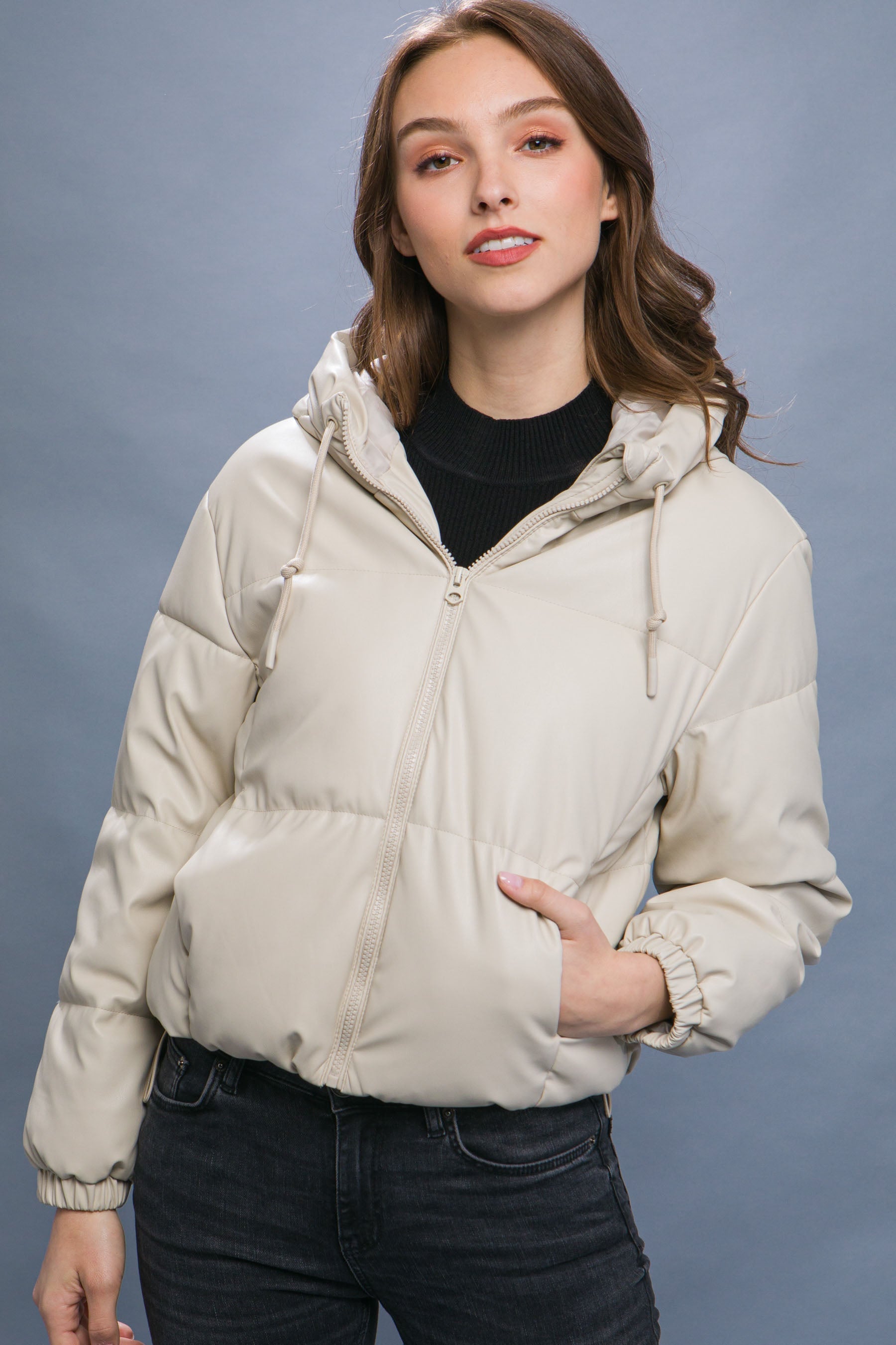 Pu Faux Leather Zipper Hooded Puffer Jacket Look Up Deals