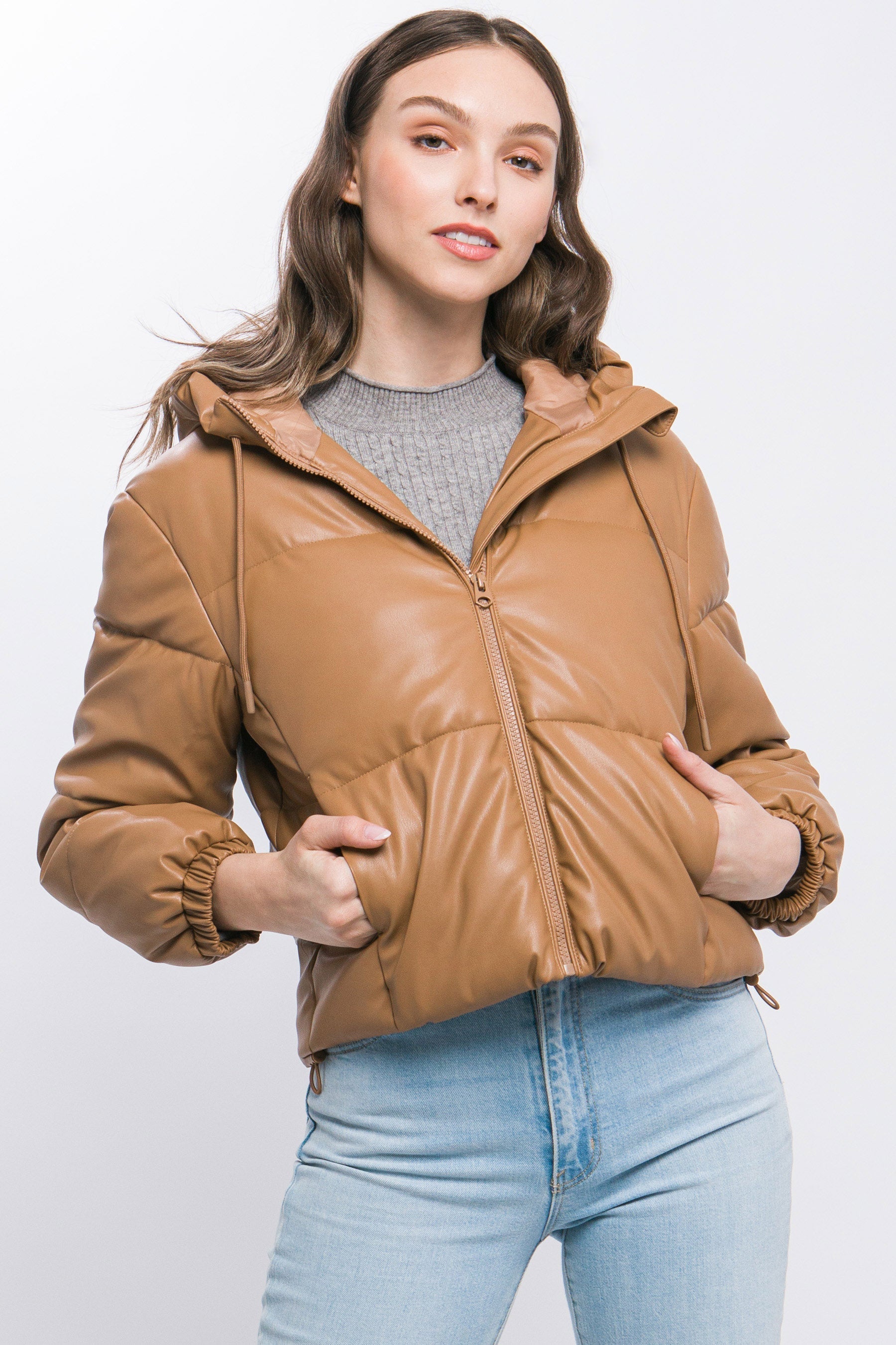 Pu Faux Leather Zipper Hooded Puffer Jacket Look Up Deals