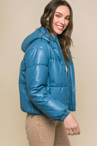 Pu Faux Leather Zipper Hooded Puffer Jacket Look Up Deals