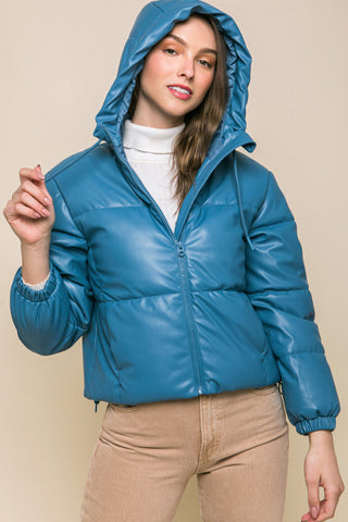 Pu Faux Leather Zipper Hooded Puffer Jacket Look Up Deals