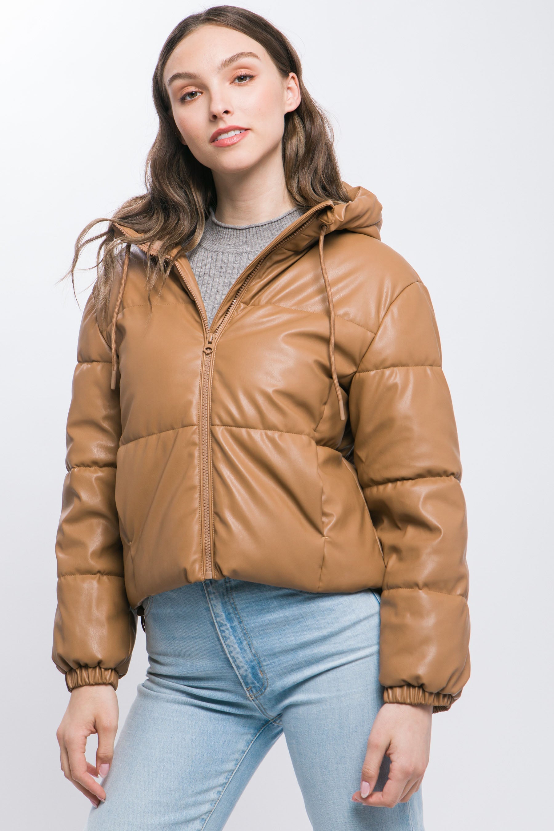 Pu Faux Leather Zipper Hooded Puffer Jacket Look Up Deals