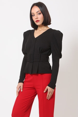 Puff Shoulder Buckle Belt Jacket Look Up Deals