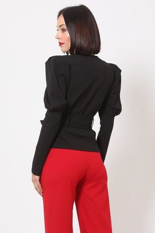 Puff Shoulder Buckle Belt Jacket Look Up Deals