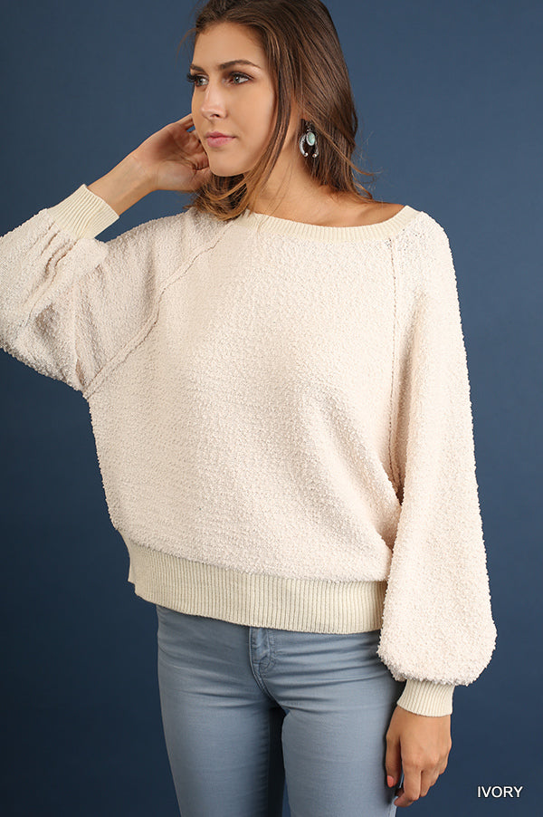 Puff Sleeve Boat Neck Sweater Look Up Deals