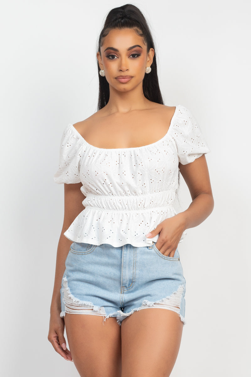 Puff Sleeve Eyelet Peplum Top Look Up Deals