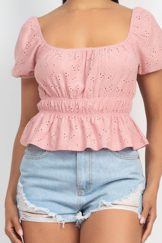 Puff Sleeve Eyelet Peplum Top Look Up Deals